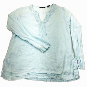 Valerie Stevens Linen Embroidered Tunic Top XL Womens Lt Blue Ethnic Boho Hippie